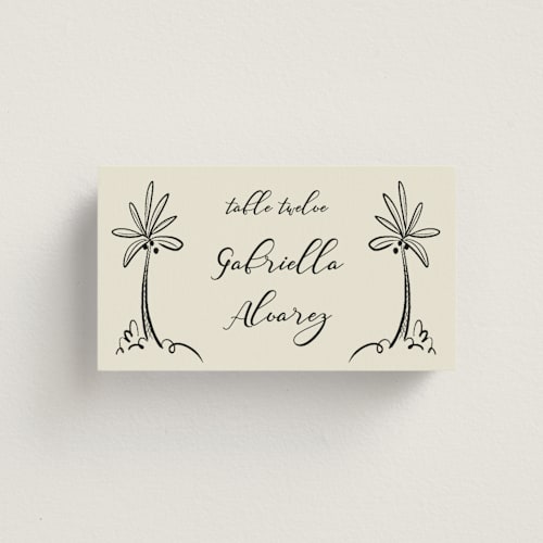 This is a ivory wedding place cards with standard by Ani Somi called sundaland gardens printing on signature in placecard