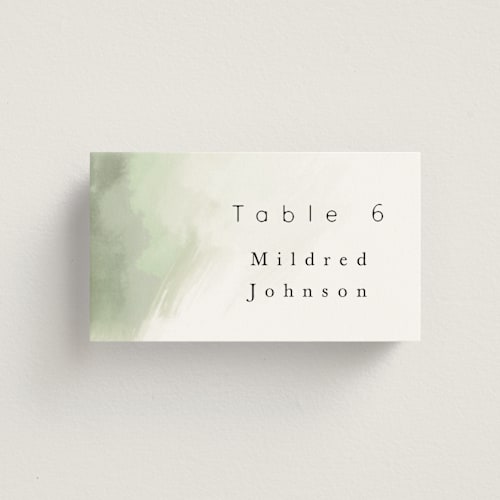 This is a moss wedding place cards with standard by Hannah Williams called hillside printing on signature in placecard