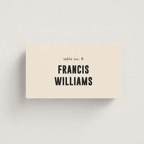 This is a cream wedding place cards with standard by Pixel and Hank called spin printing on signature in placecard