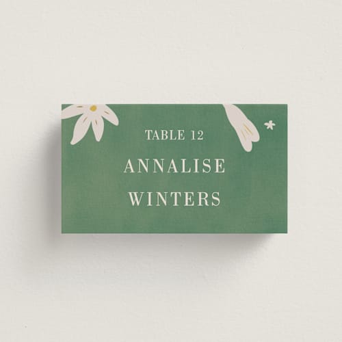 This is a emerald wedding place cards with standard by Ani Somi called friendly flowers printing on signature in placecard