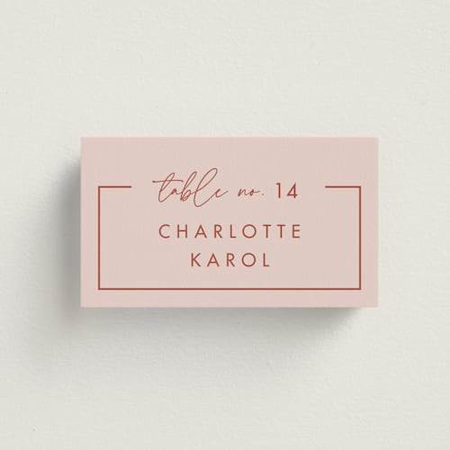 This is a peach cream wedding place cards with standard by Snow and Ivy called jot printing on signature in placecard