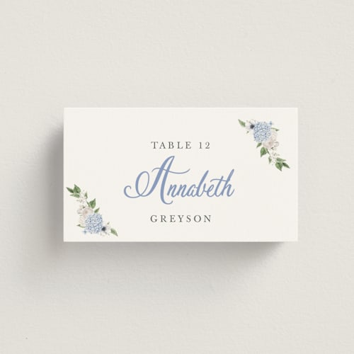 This is a periwinkle wedding place cards with standard by Design Lotus called sweethearts printing on signature in placecard