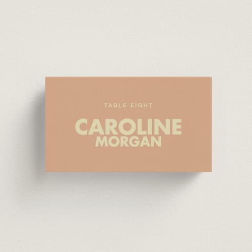This is a salmon wedding place cards with standard by Ellen Schlegelmilch called sienna printing on signature in placecard