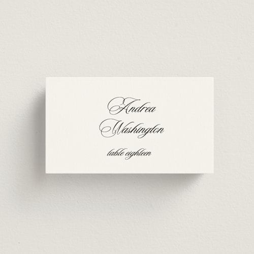 This is a ink wedding place cards with standard by That Girl Press called black tie printing on signature in placecard