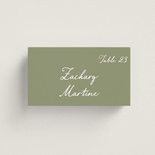 This is a moss wedding place cards with standard by Cass Loh called handwritten printing on signature in placecard