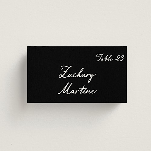 This is a coal wedding place cards with standard by Cass Loh called handwritten printing on signature in placecard