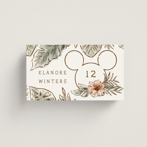 This is a earth wedding place cards with standard by Shiny Penny Studio called disney's mickey mouse tropical frame printing on signature in placecard