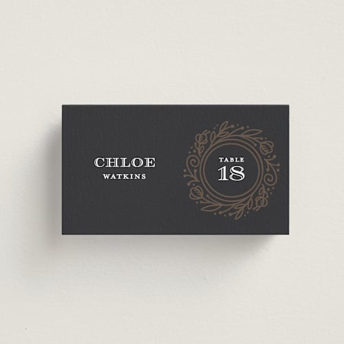 This is a dark chocolate wedding place cards with standard by Laura Bolter called eternal love printing on signature in placecard