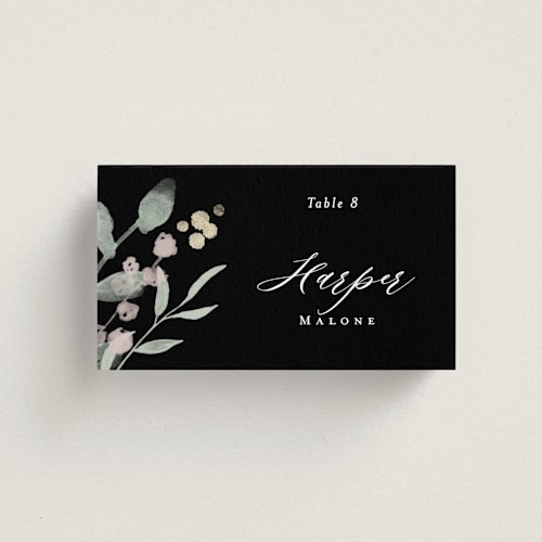 This is a noir wedding place cards with standard by Jennifer Wick called enchanted fields printing on signature in placecard