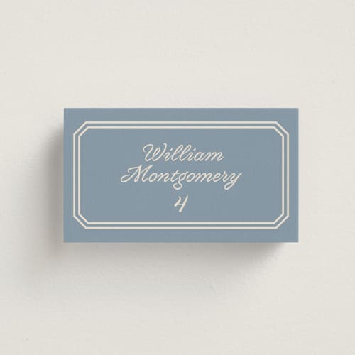 This is a french blue wedding place cards with standard by Carolyn MacLaren called bevel monogram printing on signature in placecard