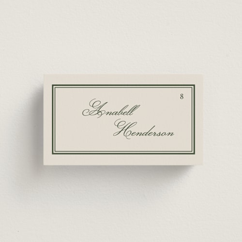 This is a evergreen wedding place cards with standard by Kelly Watkins called emerson printing on signature in placecard