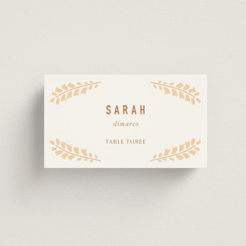 This is a peach wedding place cards with standard by Pippa Shaw called floral border printing on signature in placecard