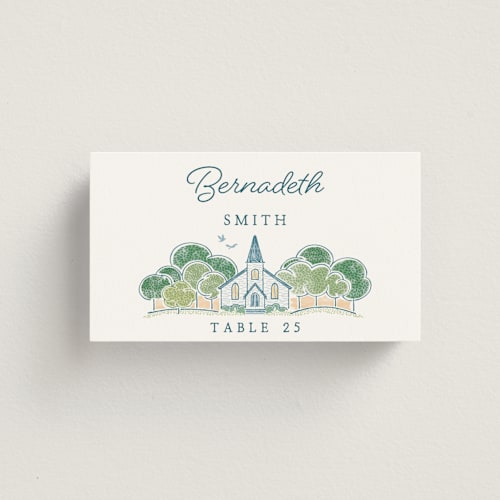 This is a meadow wedding place cards with standard by Paper Sun Studio called going to the chapel printing on signature in placecard