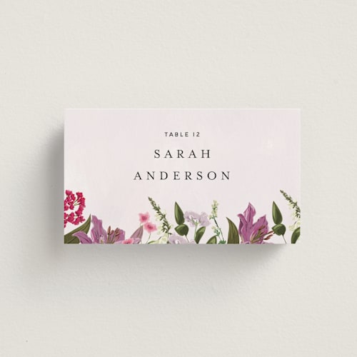 This is a lilac wedding place cards with standard by Susan Moyal called gather printing on signature in placecard