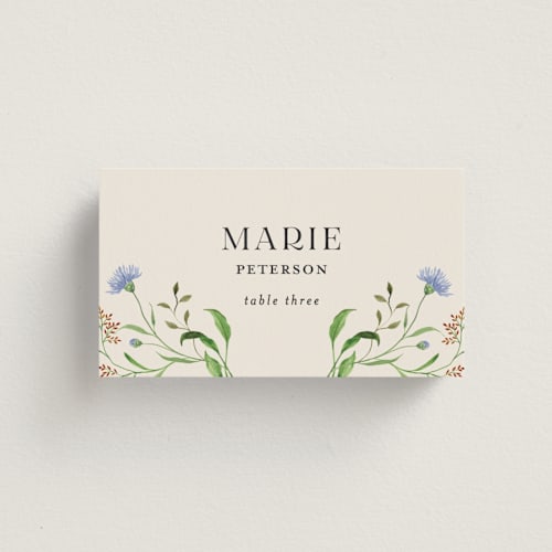 This is a elder flower wedding place cards with standard by Sarah Knight called wild meadow printing on signature in placecard