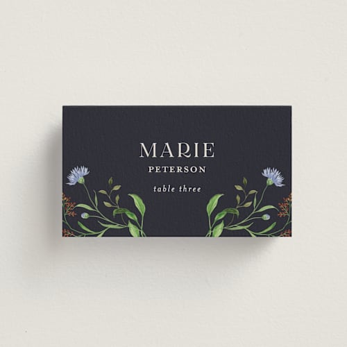 This is a midnight wedding place cards with standard by Sarah Knight called wild meadow printing on signature in placecard