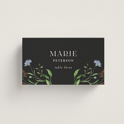 This is a onyx wedding place cards with standard by Sarah Knight called wild meadow printing on signature in placecard