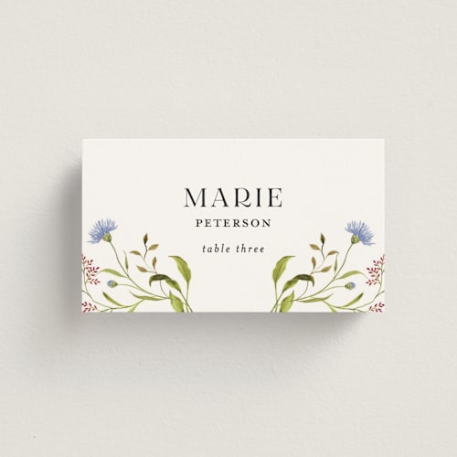 This is a fuchsia wedding place cards with standard by Sarah Knight called wild meadow printing on signature in placecard