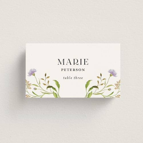 This is a persimmon wedding place cards with standard by Sarah Knight called wild meadow printing on signature in placecard