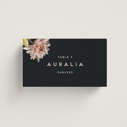 This is a navy wedding place cards with standard by Olivia Kanaley Inman called dahlia season printing on signature in placecard