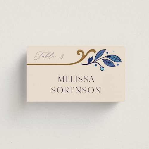 This is a cerulean wedding place cards with standard by GeekInk Design called gilded printing on signature in placecard