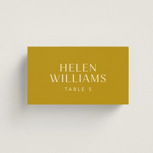 This is a marigold wedding place cards with standard by Stacey Day called swoop printing on signature in placecard