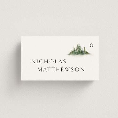 This is a evergreen wedding place cards with standard by Melanie Kosuge called somerset printing on signature in placecard