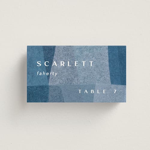 This is a seaside wedding place cards with standard by Carrie Moradi called denim patchwork printing on signature in placecard