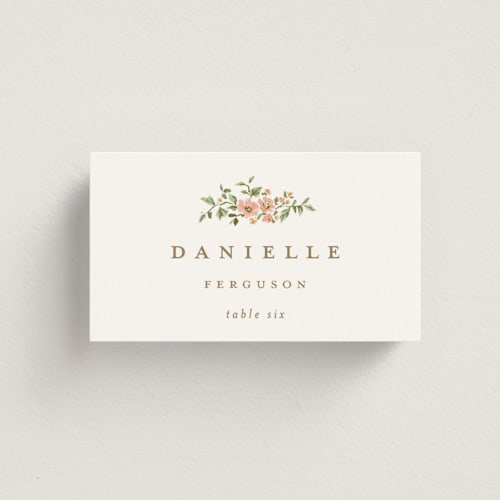 This is a blush wedding place cards with standard by Everett Paper Goods called foliage crest printing on signature in placecard