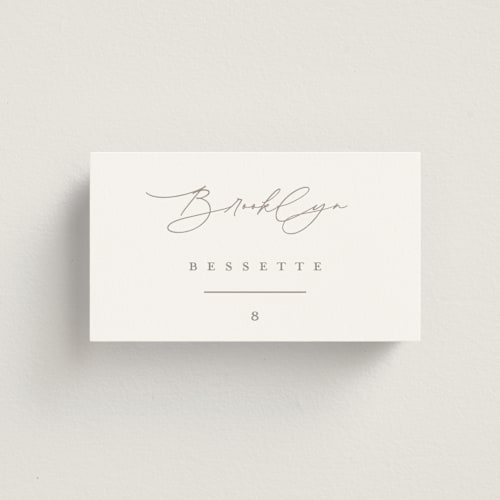 This is a latte wedding place cards with standard by Kristie Kern called the hudson printing on signature in placecard