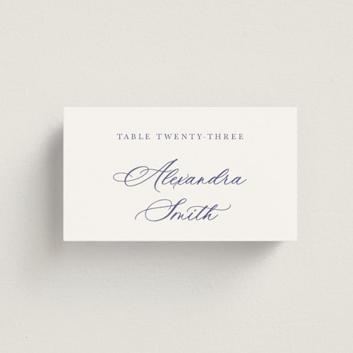 This is a dusty blue wedding place cards with standard by Cass Loh called watercolor flowers crest printing on signature in placecard