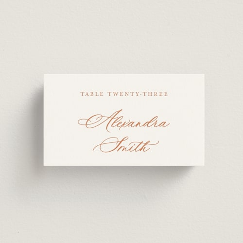 This is a coral wedding place cards with standard by Cass Loh called watercolor flowers crest printing on signature in placecard
