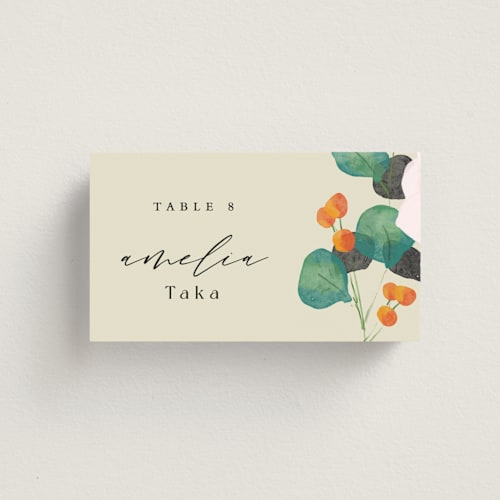 This is a wheat wedding place cards with standard by Keen Peachy called floral splash printing on signature in placecard