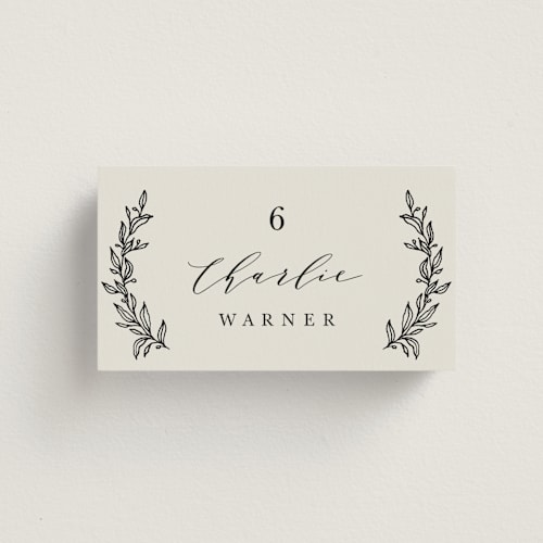This is a cotton wedding place cards with standard by Kate Ahn called leafy wreath printing on signature in placecard