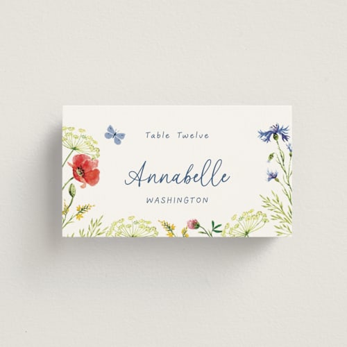 This is a ivory wedding place cards with standard by frau brandt called wildflower romance printing on signature in placecard