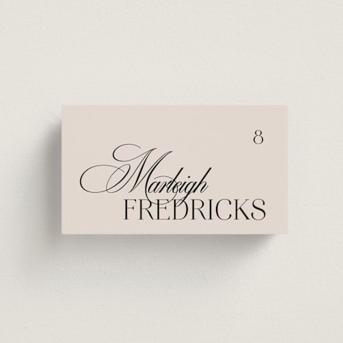 This is a ivory wedding place cards with standard by Melanie Kosuge called sibonie printing on signature in placecard