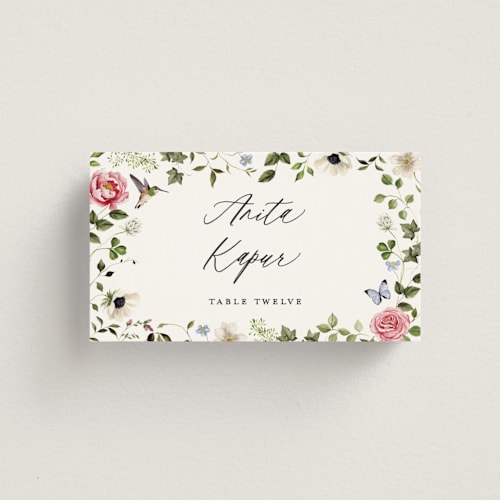 This is a peony wedding place cards with standard by Sarah Knight called ornate printing on signature in placecard