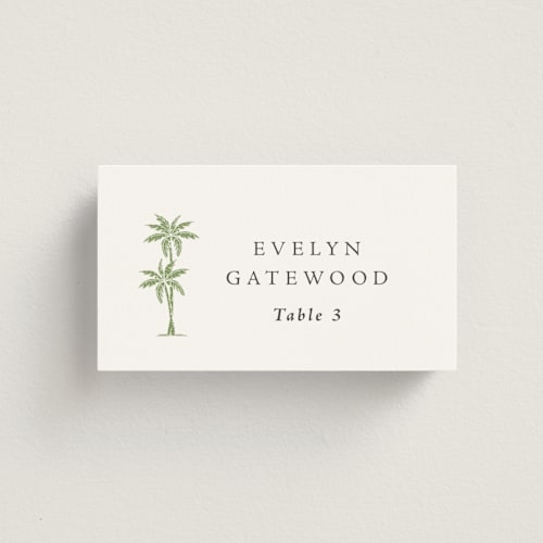 This is a leaf wedding place cards with standard by Olivia Raufman called palm monogram printing on signature in placecard