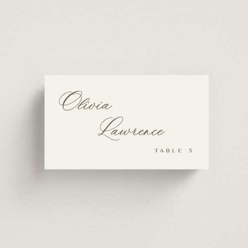 This is a latte wedding place cards with standard by Cara Scott called whimsy printing on signature in placecard