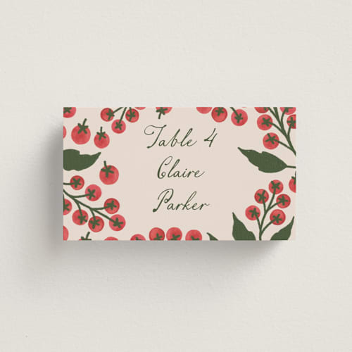 This is a tomato wedding place cards with standard by Katharine Watson called cherry tomatoes printing on signature in placecard