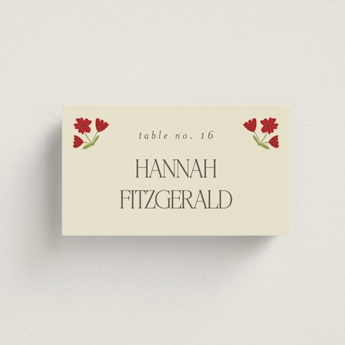 This is a crimson wedding place cards with standard by Morgan Kendall called vintage wildflowers printing on signature in placecard