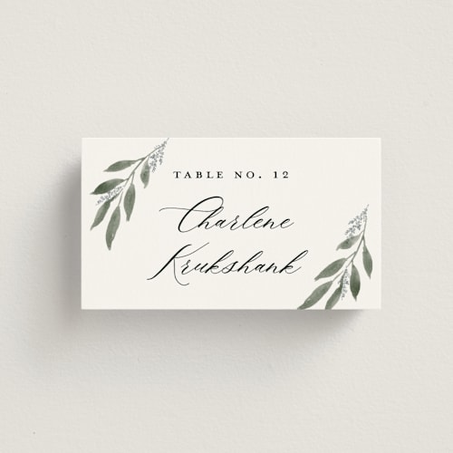 This is a heather wedding place cards with standard by Stacey Meacham called pressed foliage printing on signature in placecard