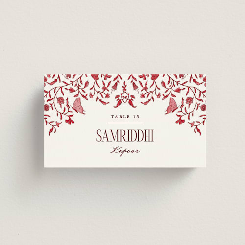 This is a pomegranate wedding place cards with standard by Jenna Holcomb called tapestry printing on signature in placecard