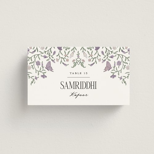 This is a lilac wedding place cards with standard by Jenna Holcomb called tapestry printing on signature in placecard