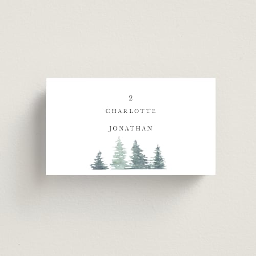 This is a rain wedding place cards with standard by Anne Kostecki called painted woods printing on signature in placecard