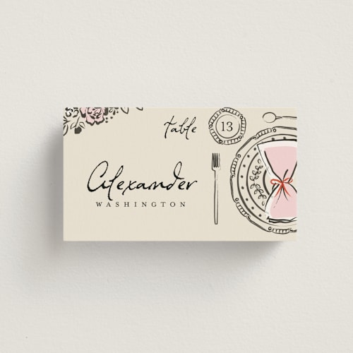This is a champagne wedding place cards with standard by Ana de Sousa called gathering joy printing on signature in placecard