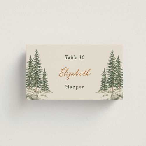 This is a forest wedding place cards with standard by Elly called whispering pines printing on signature in placecard