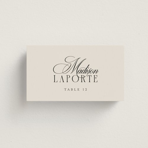 This is a linen wedding place cards with standard by Kelly Schmidt called hilton printing on signature in placecard