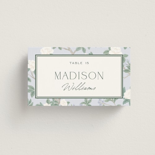 This is a garden wedding place cards with standard by Jenna Holcomb called chinoiserie printing on signature in placecard