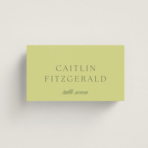 This is a chartreuse wedding place cards with standard by Everett Paper Goods called carlyle printing on signature in placecard